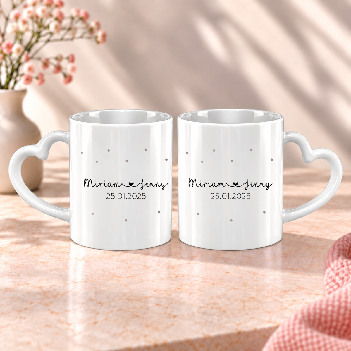 Keramik Herzhenkel Tassen-Set mit Namen + Datum | Mrs + Mrs