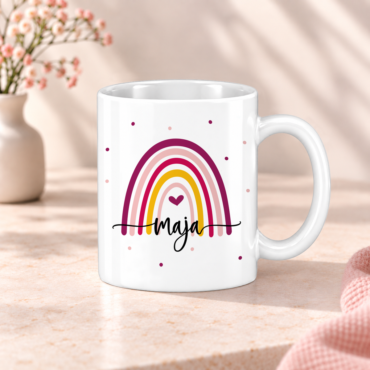 Keramik Tasse mit Namen | Regenbogen bunt