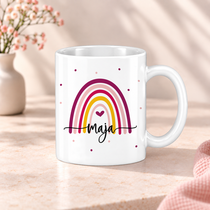 Keramik Tasse mit Namen | Regenbogen bunt