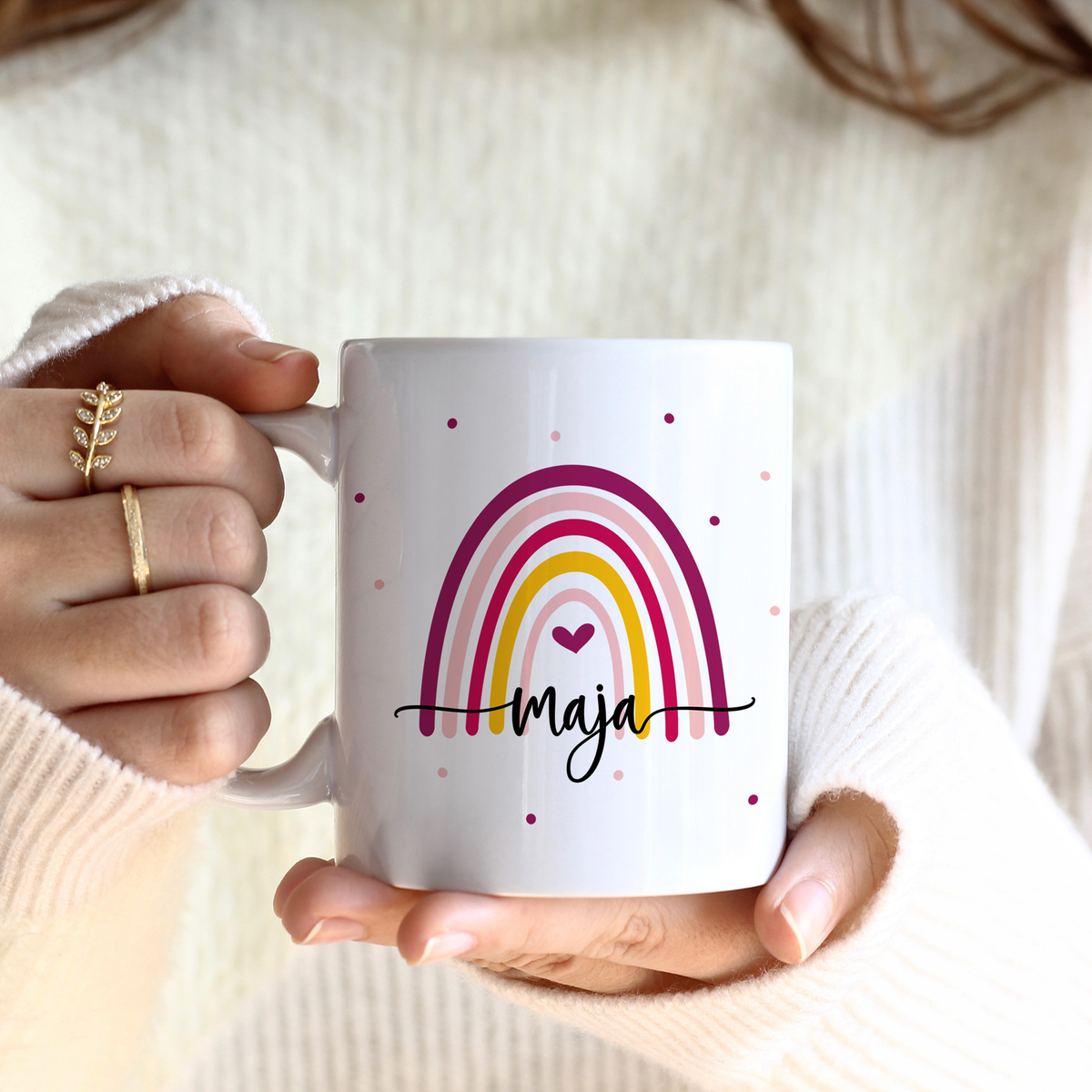 Keramik Tasse mit Namen | Regenbogen bunt