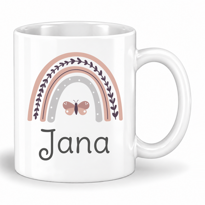 Keramik Tasse mit Namen | Regenbogen rosa