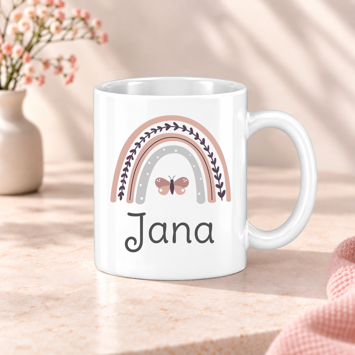 Keramik Tasse mit Namen | Regenbogen rosa