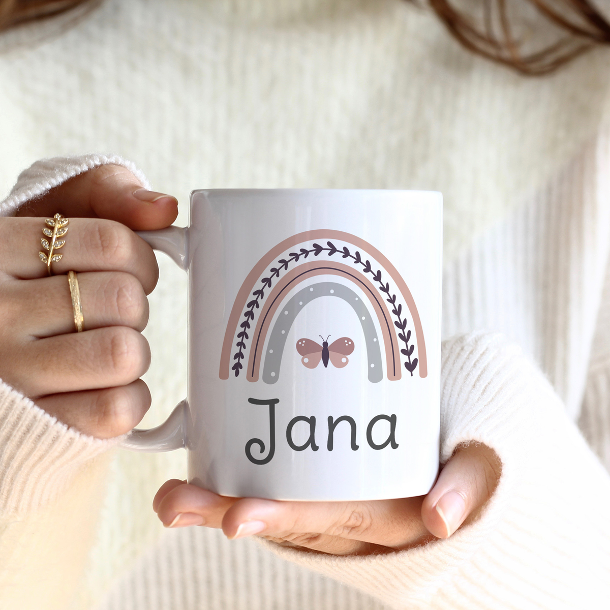 Keramik Tasse mit Namen | Regenbogen rosa