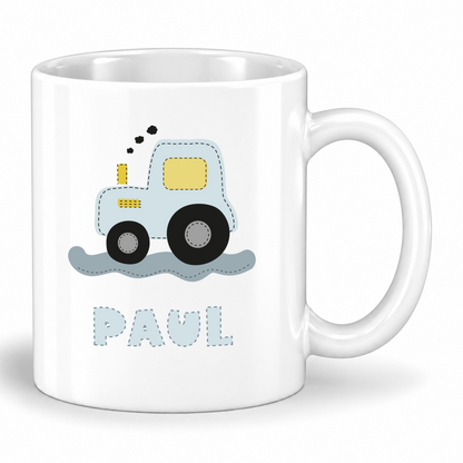 Keramik Tasse mit Namen | Traktor blau