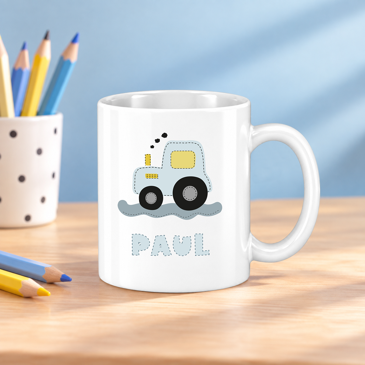 Keramik Tasse mit Namen | Traktor blau