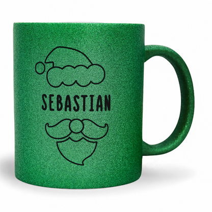 Keramik Tasse in Glitzer + Grün mit Name | Weihnachtsmann