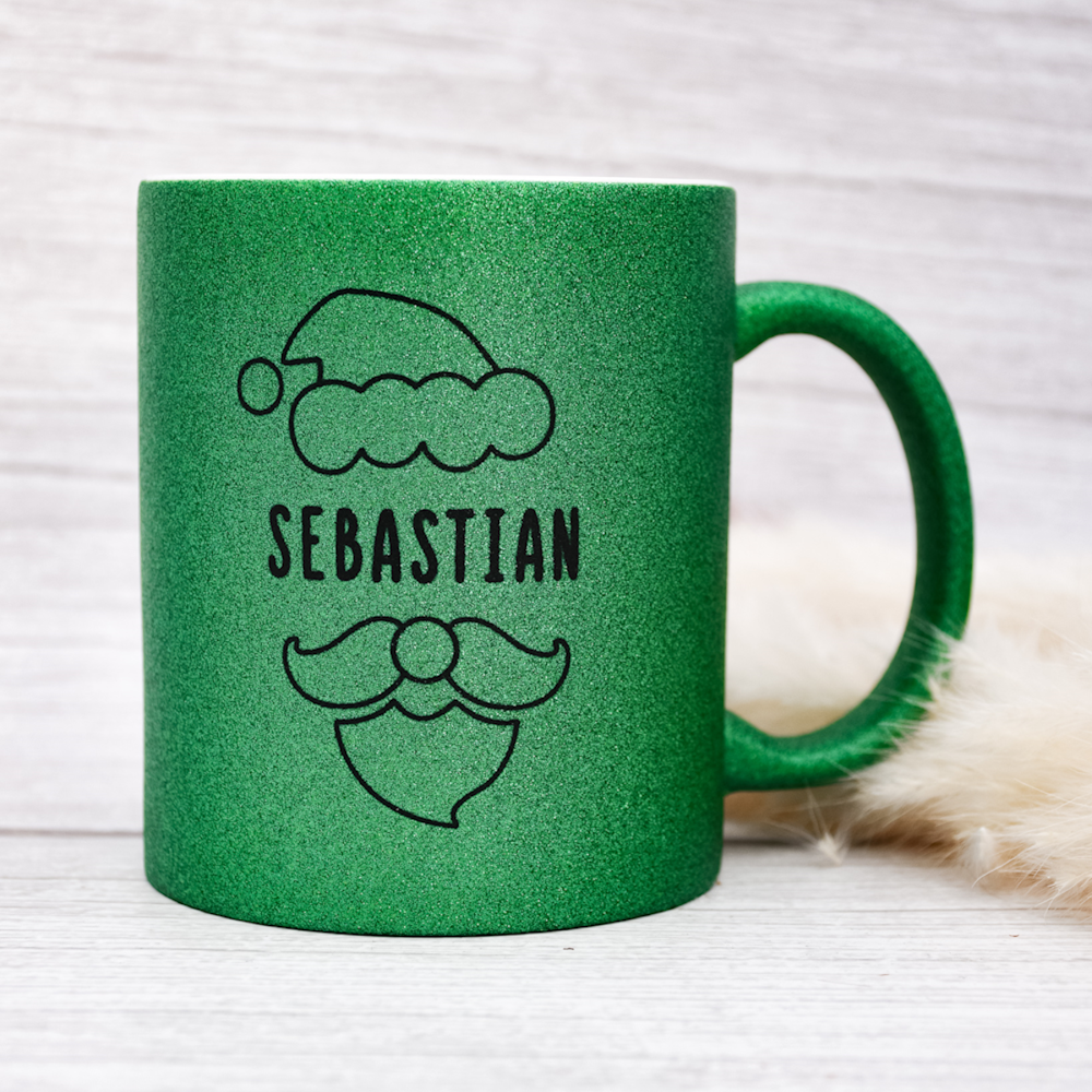 Keramik Tasse in Glitzer + Grün mit Name | Weihnachtsmann