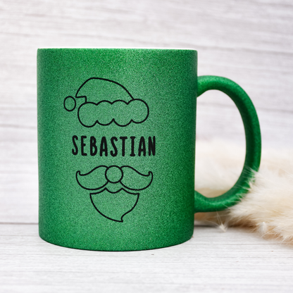 Keramik Tasse in Glitzer + Grün mit Name | Weihnachtsmann