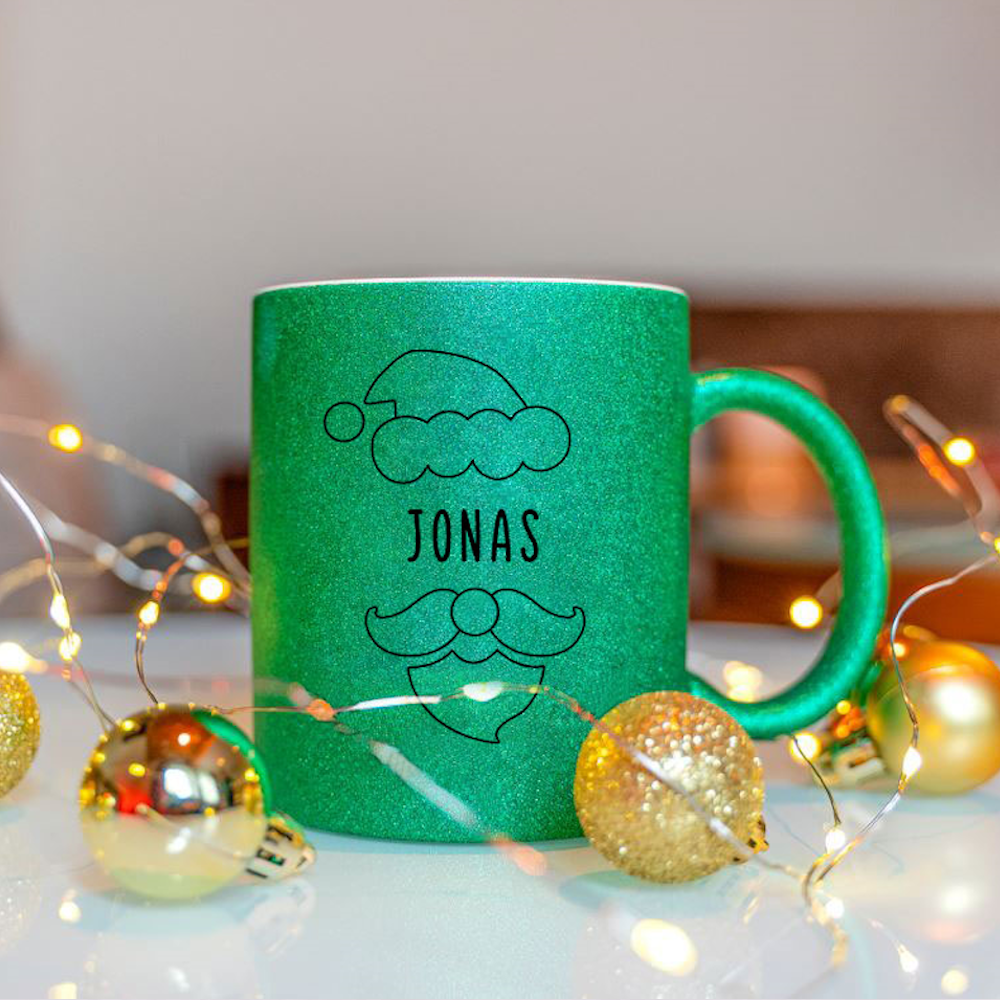Keramik Tasse in Glitzer + Grün mit Name | Weihnachtsmann
