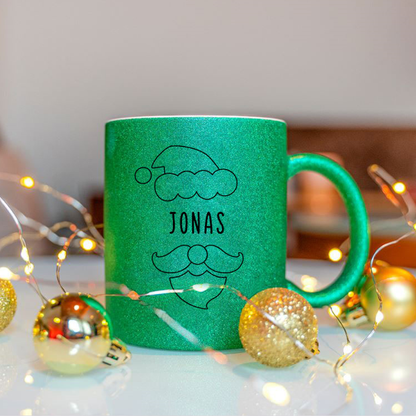 Keramik Tasse in Glitzer + Grün mit Name | Weihnachtsmann