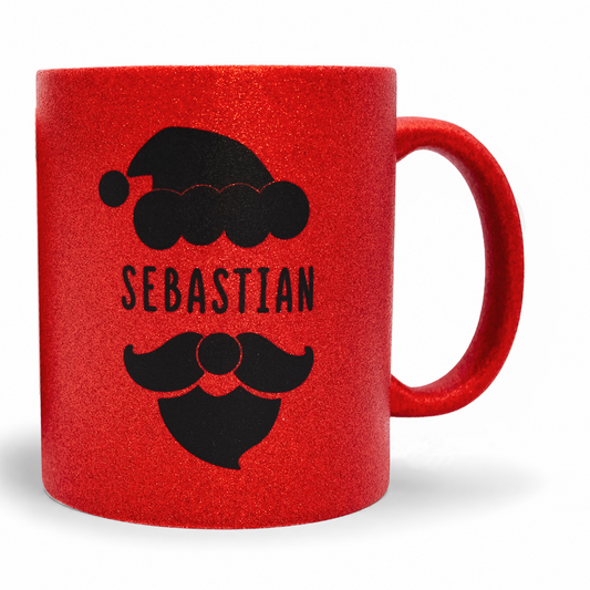 Keramik Tasse in Glitzer + Rot mit Name | Weihnachtsmann