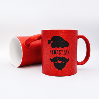 Keramik Tasse in Glitzer + Rot mit Name | Weihnachtsmann