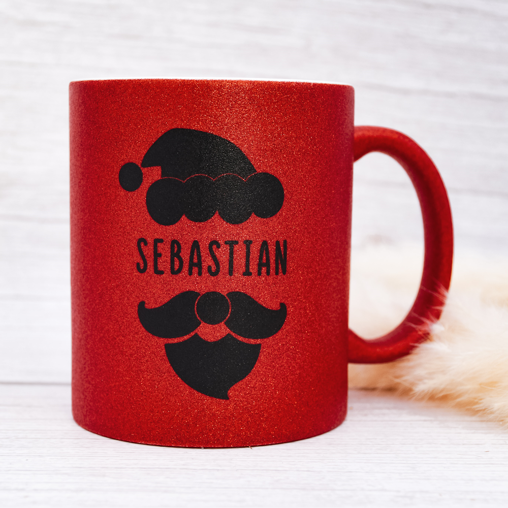 Keramik Tasse in Glitzer + Rot mit Name | Weihnachtsmann