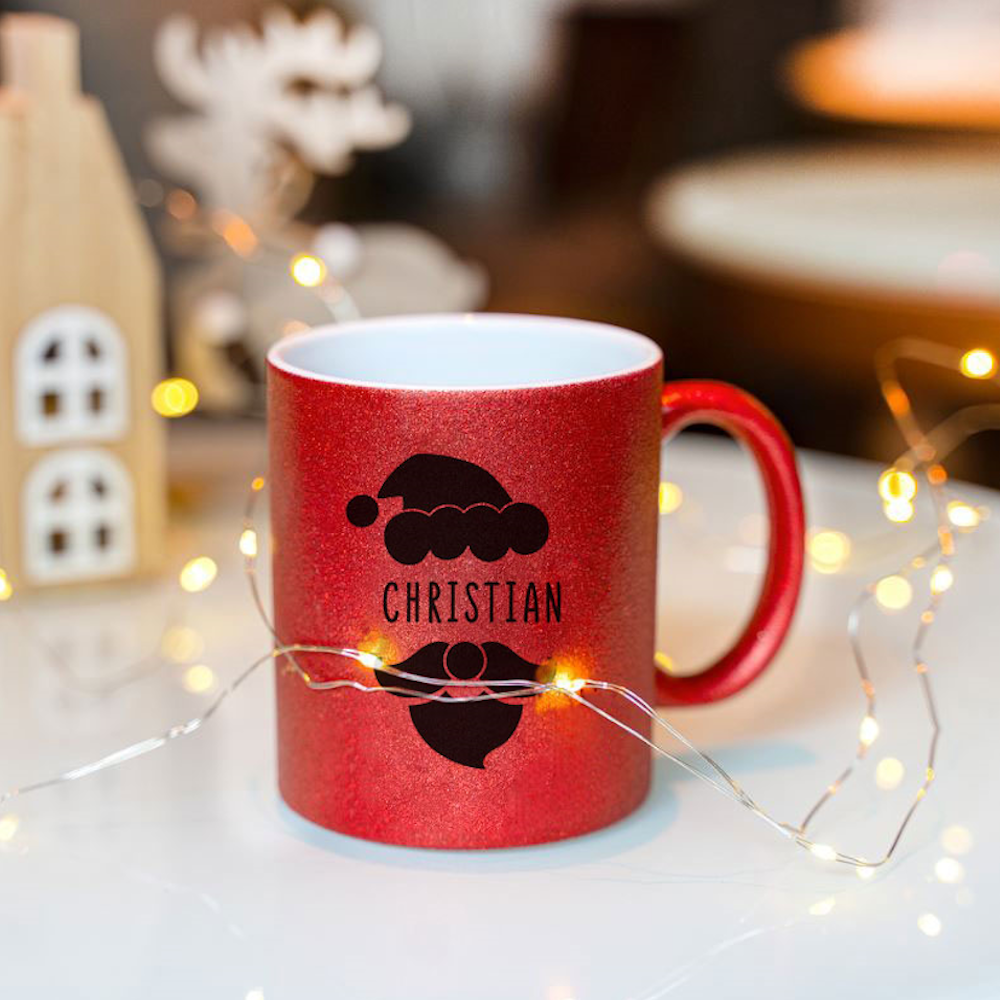 Keramik Tasse in Glitzer + Rot mit Name | Weihnachtsmann