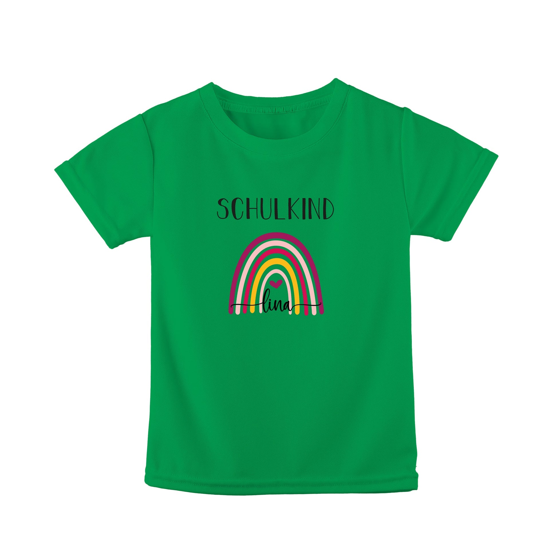 Grünes Kinder-T-Shirt mit Regenbogen, Schriftzug 'Schulkind' und Namen 'Lina', buntes Design