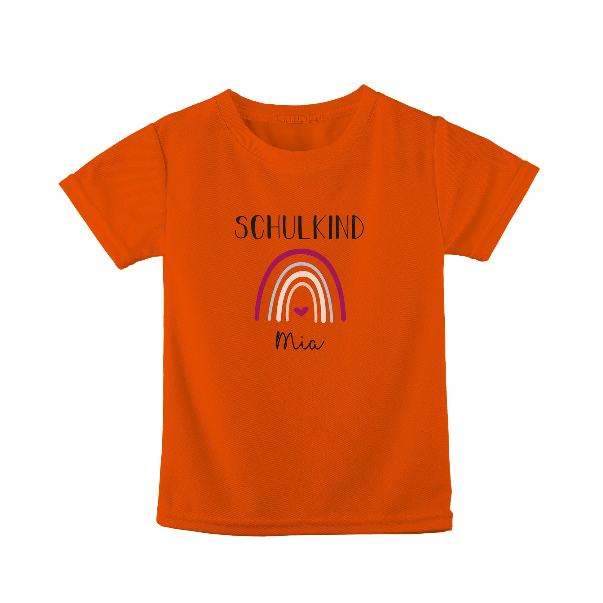 Oranges Kinder-T-Shirt mit Regenbogen, Herz und SCHULKIND Motiv, Name Mia, personalisiert