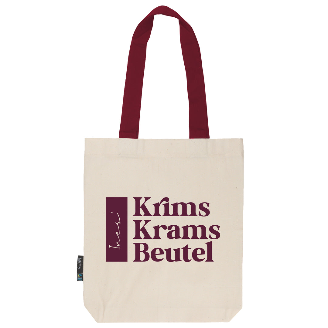 Krims Krams Beutel | personalisiert | dein Name | natur | Stofftasche aus Bio- Baumwolle | lange farbige Henkel | Tote Bag | Twill Bag - verschenkich.de