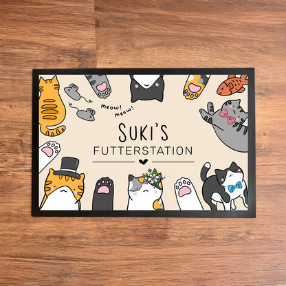 Napfunterlage mit Name | Futterstation | bunte Katzen