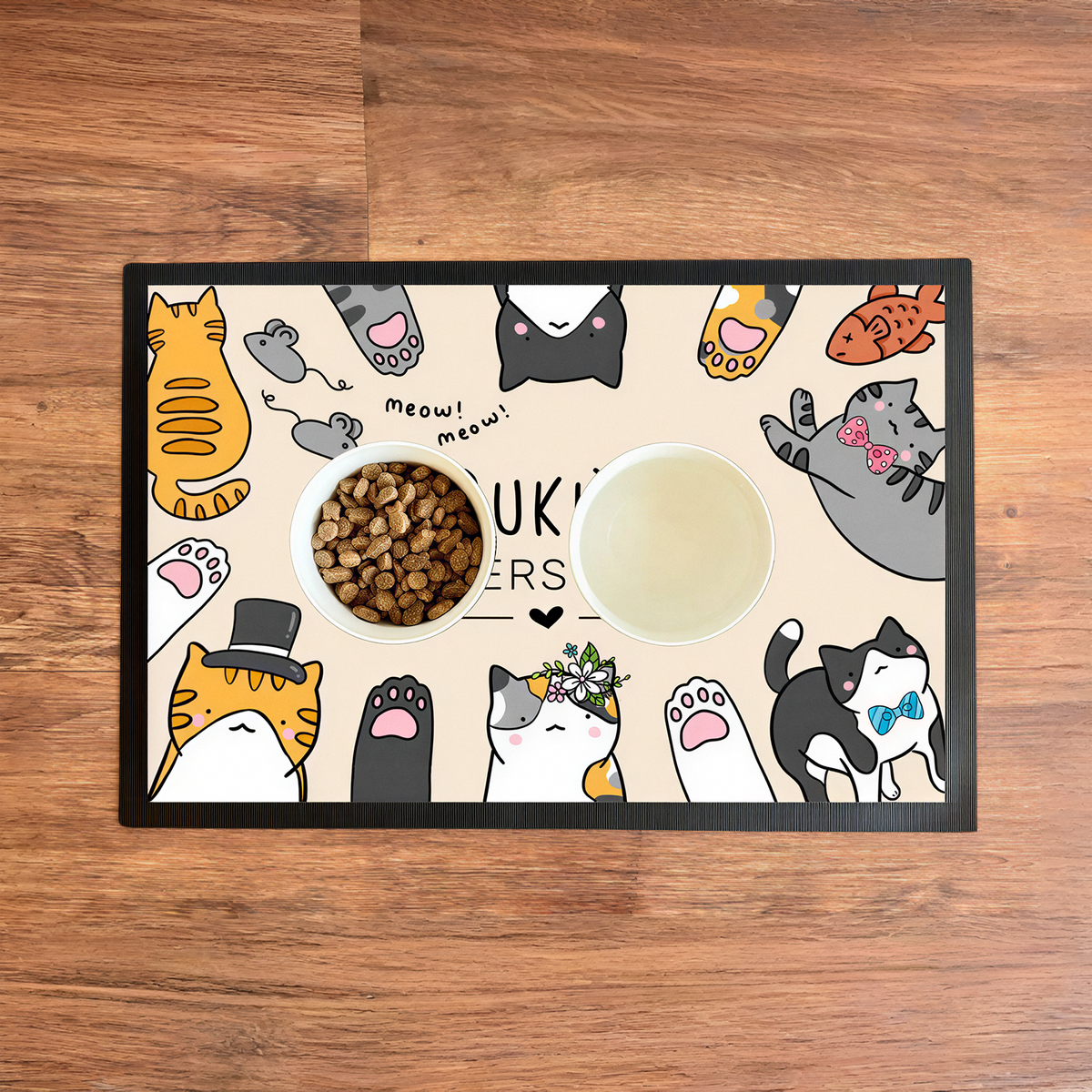 Napfunterlage mit Name | Futterstation | bunte Katzen
