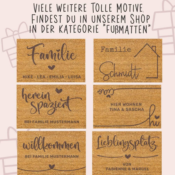 Personalisierte Fußmatte aus Kokos. Kokosmatte mit Wunschname - Motiv: Willkommen bei Familie... - verschenkich.de