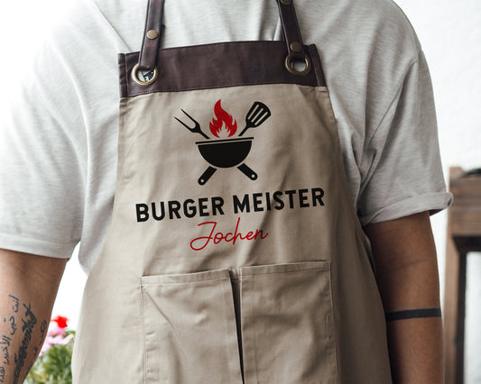 Personalisierte Grillschürze mit Kunstleder Applikation | Burger Meister | schwarz oder beige - verschenkich.de