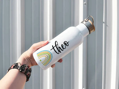 Personalisierte Isolierflasche mit eigenen Namen oder Wunschname - Motiv: Blau/Grün - verschenkich.de