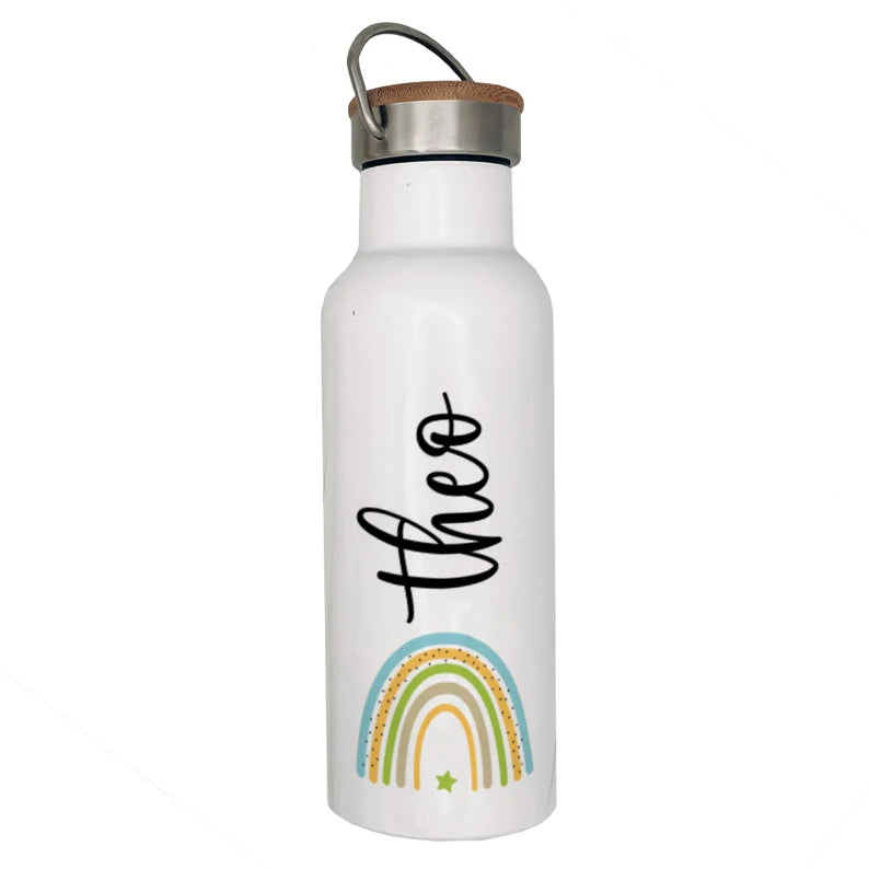 Personalisierte Isolierflasche mit eigenen Namen oder Wunschname - Motiv: Blau/Grün - verschenkich.de
