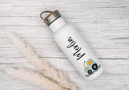 Personalisierte Isolierflasche mit eigenen Namen oder Wunschname - Motiv: Traktor Blau - verschenkich.de