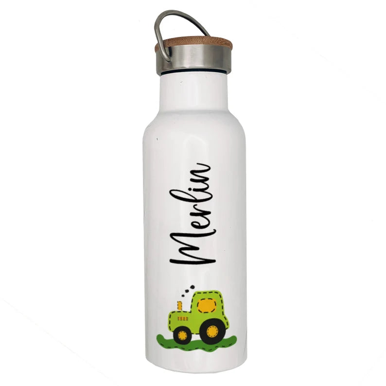 Personalisierte Isolierflasche mit eigenen Namen oder Wunschname - Motiv: Traktor Grün - verschenkich.de