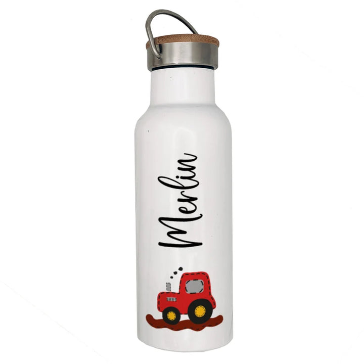 Personalisierte Isolierflasche mit eigenen Namen oder Wunschname - Motiv: Traktor Rot - verschenkich.de