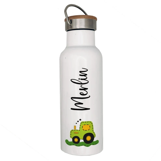 Edelstahl Trinkflasche mit Namen | Traktor grün