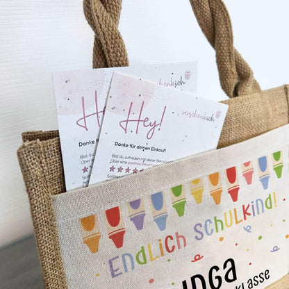 Einschulung | Personalisierte Jute Pocket Tasche | mit Wunschnamen | Endlich Schulkind bunt | Stifte 3 | als Geschenktasche für Schulanfang - verschenkich.de
