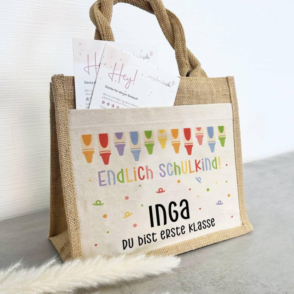 Einschulung | Personalisierte Jute Pocket Tasche | mit Wunschnamen | Endlich Schulkind bunt | Stifte 3 | als Geschenktasche für Schulanfang - verschenkich.de