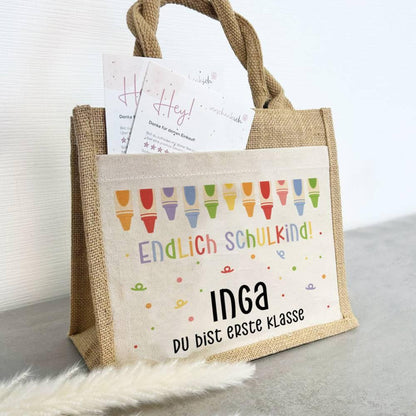 Einschulung | Personalisierte Jute Pocket Tasche | mit Wunschnamen | Endlich Schulkind bunt | Stifte 3 | als Geschenktasche für Schulanfang - verschenkich.de