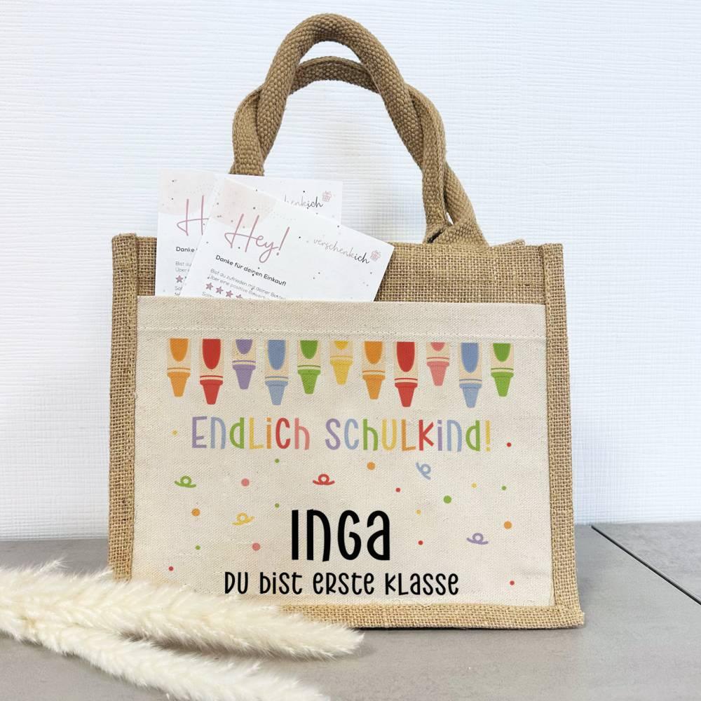 Personalisierte Schulkind-Tasche mit eigenen Namen oder Wunschname - Motiv: Endlich Schulkind Buntstifte - verschenkich.de