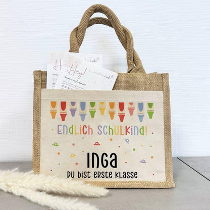 Einschulung | Personalisierte Jute Pocket Tasche | mit Wunschnamen | Endlich Schulkind bunt | Stifte 3 | als Geschenktasche für Schulanfang - verschenkich.de