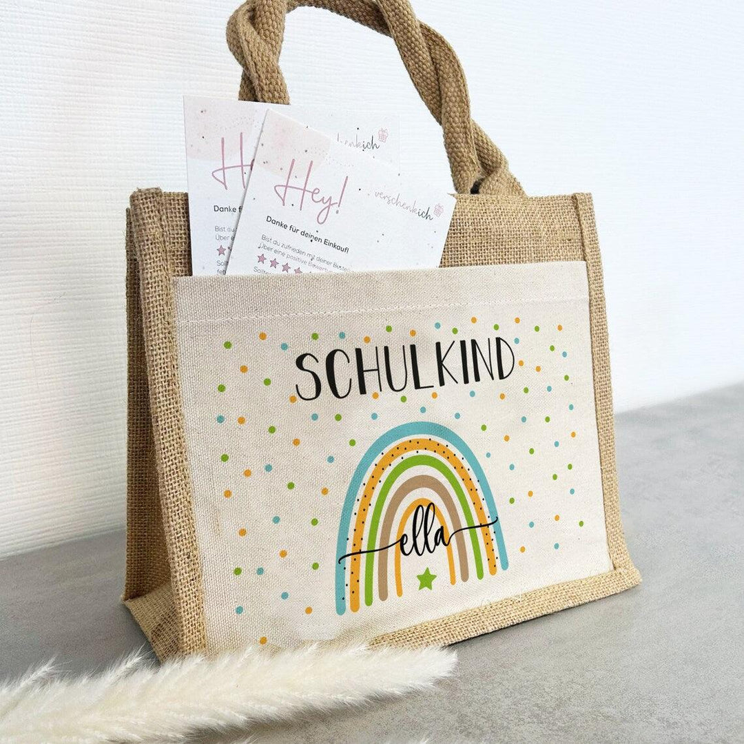 Personalisierte Schulkind-Tasche mit eigenen Namen oder Wunschname - Motiv: Regenbogen Blau-Grün - verschenkich.de