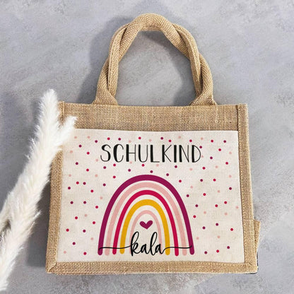 Personalisierte Schulkind-Tasche mit eigenen Namen oder Wunschname - Motiv: Regenbogen Bunt - verschenkich.de