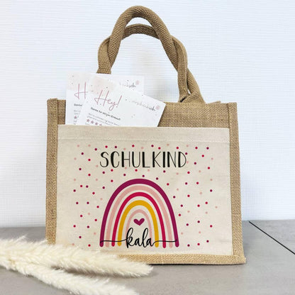 Einschulung | Personalisierte Jute Pocket Tasche | mit Wunschnamen | Schulkind Regenbogen pink- bunt | als Geschenktasche für Schulanfang - verschenkich.de