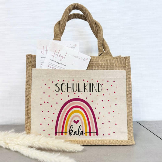 Einschulung | Personalisierte Jute Pocket Tasche | mit Wunschnamen | Schulkind Regenbogen pink- bunt | als Geschenktasche für Schulanfang - verschenkich.de