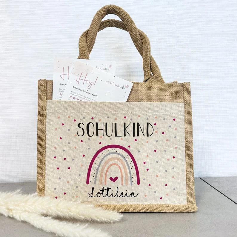 Personalisierte Schulkind-Tasche mit eigenen Namen oder Wunschname - Motiv: Regenbogen Lila - verschenkich.de