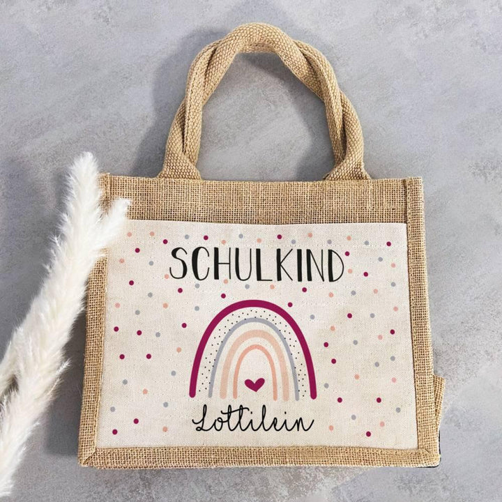 Personalisierte Schulkind-Tasche mit eigenen Namen oder Wunschname - Motiv: Regenbogen Lila - verschenkich.de