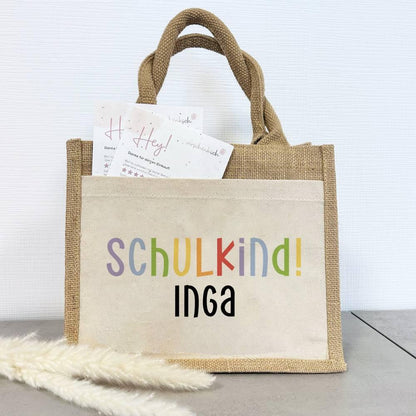 Personalisierte Schulkind-Tasche mit eigenen Namen oder Wunschname - Motiv: Schulkind Bunt - verschenkich.de