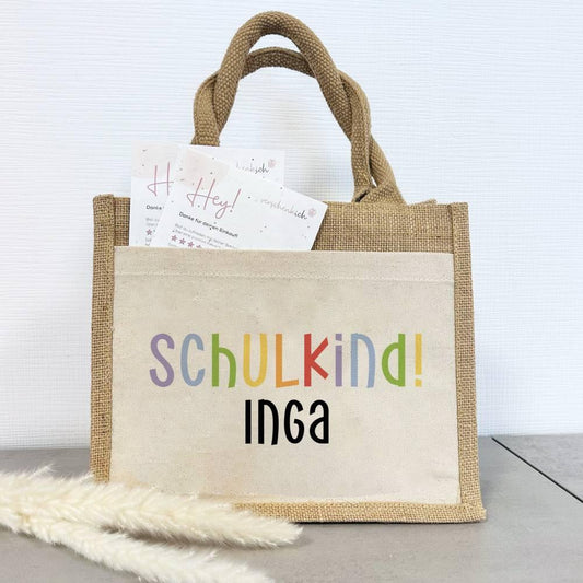 Personalisierte Schulkind-Tasche mit eigenen Namen oder Wunschname - Motiv: Schulkind Bunt - verschenkich.de