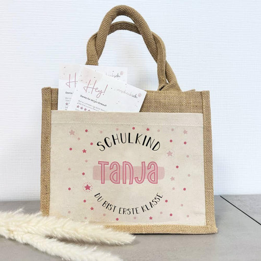 Personalisierte Schulkind-Tasche mit eigenen Namen oder Wunschname - Motiv: Schulkind Rosa - verschenkich.de