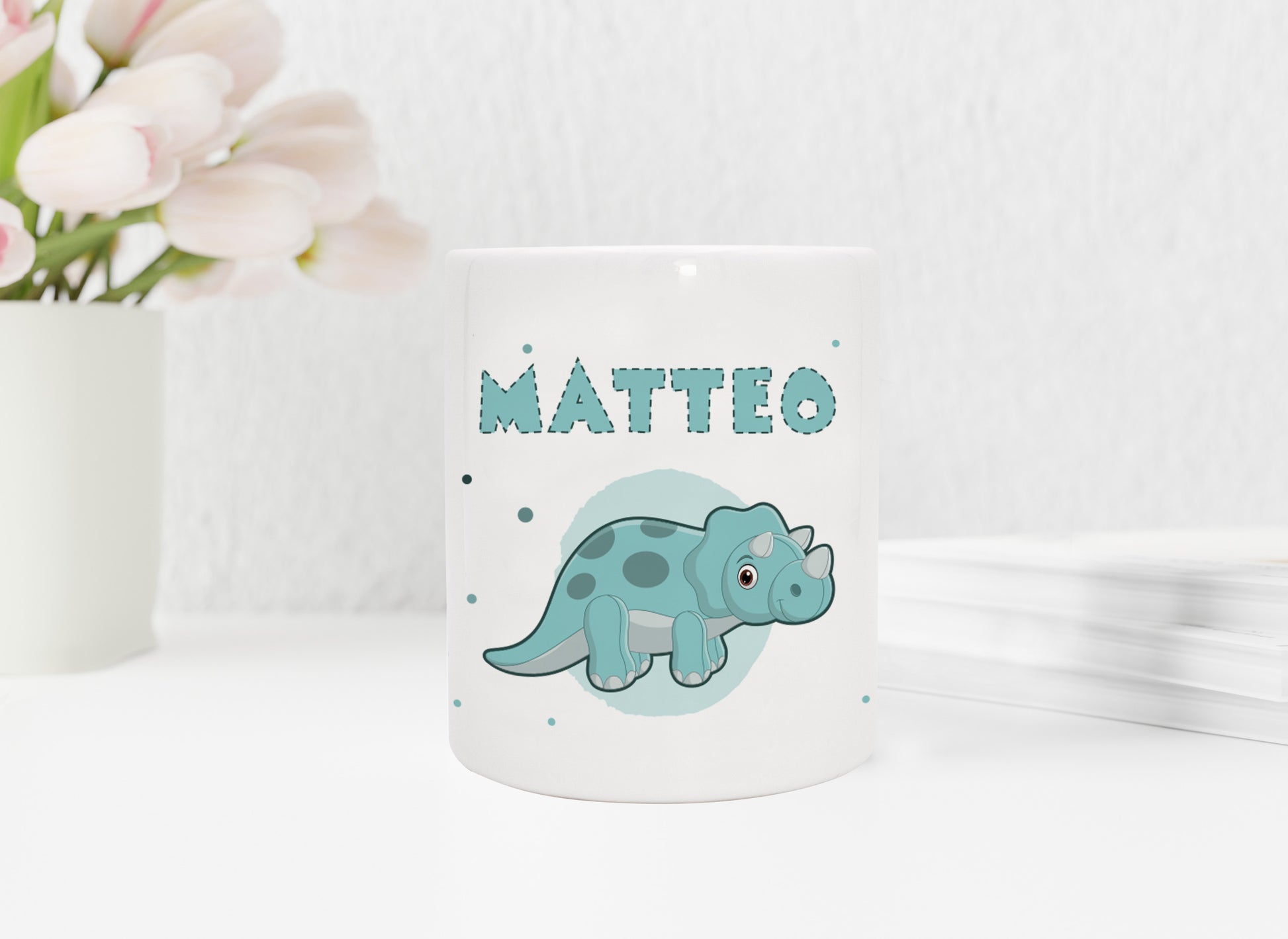 Personalisierte Spardose aus Keramik | mit Wunschnamen | Dino 1 | Triceratops | türkis | Geldgeschenk für Dinosaurier Fan - verschenkich.de