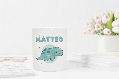 Personalisierte Spardose aus Keramik | mit Wunschnamen | Dino 1 | Triceratops | türkis | Geldgeschenk für Dinosaurier Fan - verschenkich.de