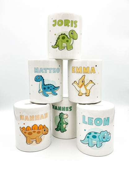 Personalisierte Spardose aus Keramik | mit Wunschnamen | Dino 1 | Triceratops | türkis | Geldgeschenk für Dinosaurier Fan - verschenkich.de