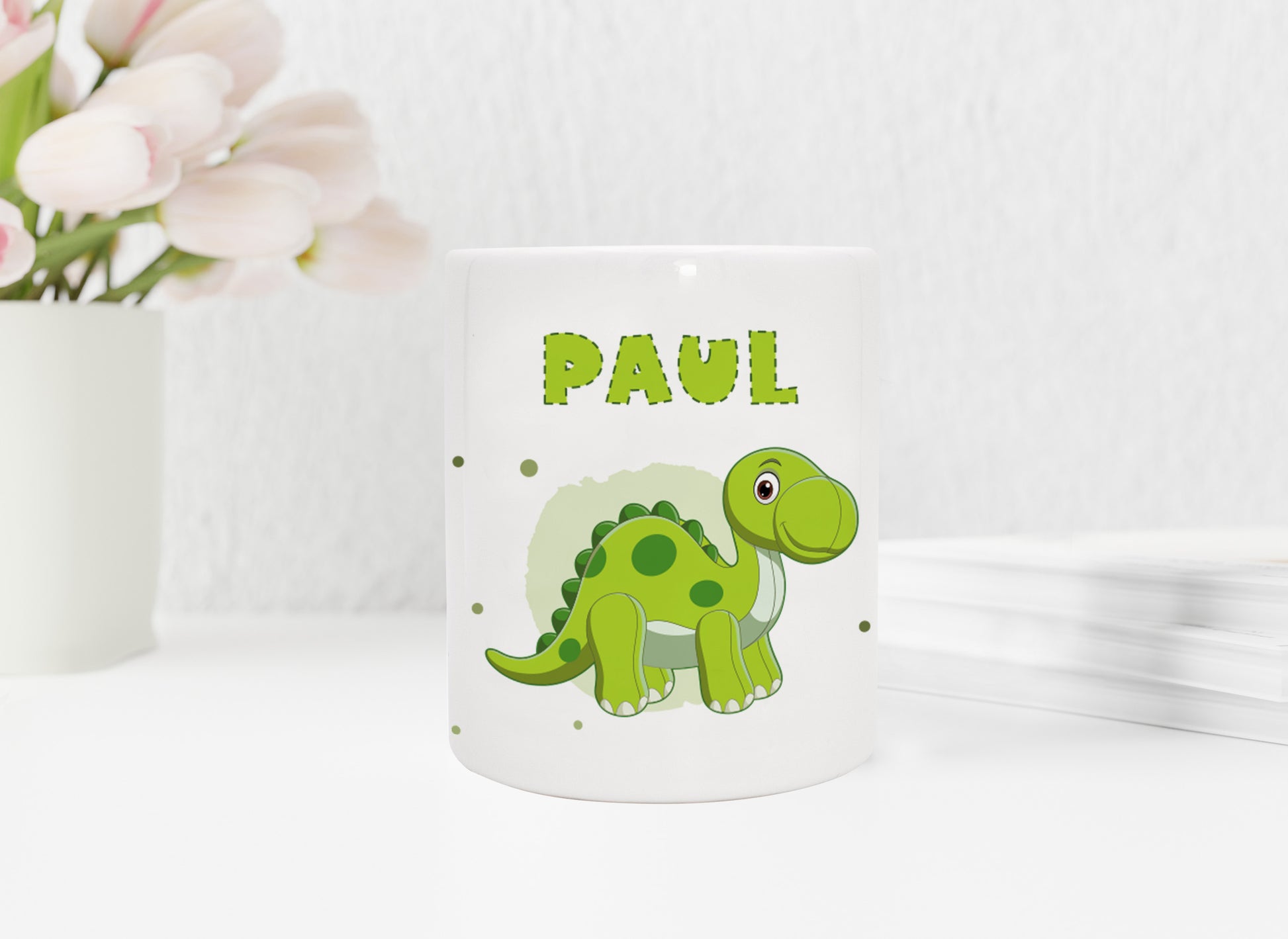 Personalisierte Spardose aus Keramik | mit Wunschnamen | Dino 4 | Brachiosaurus | grün | Geldgeschenk für Dinosaurier Fan - verschenkich.de