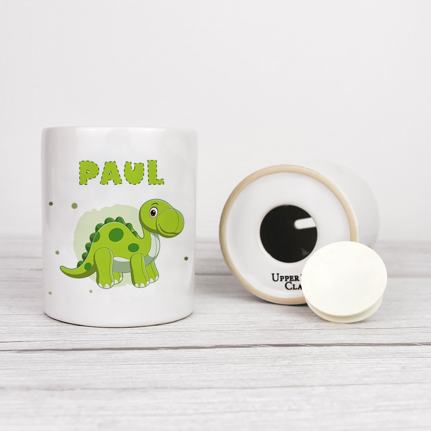Personalisierte Spardose aus Keramik | mit Wunschnamen | Dino 4 | Brachiosaurus | grün | Geldgeschenk für Dinosaurier Fan - verschenkich.de